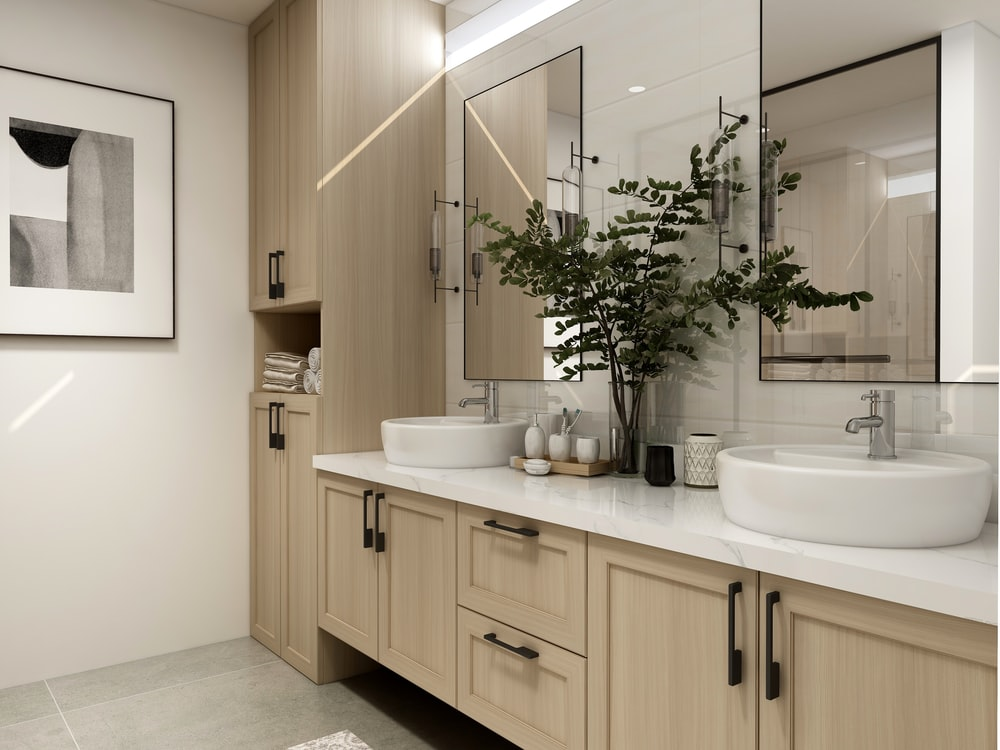 A Double Bathroom Vanity with a Marble Countertop and Wooden Custom Cabinets and Drawers