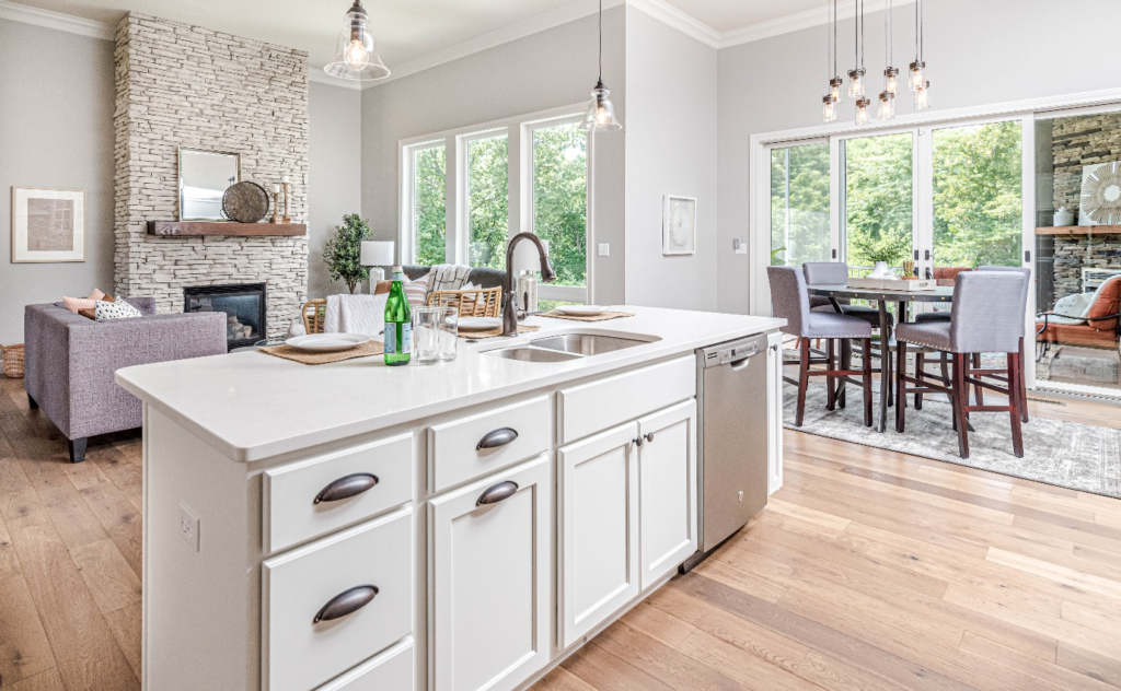 Open Living Space with Kitchen Islands, Lounge, and Dining Area